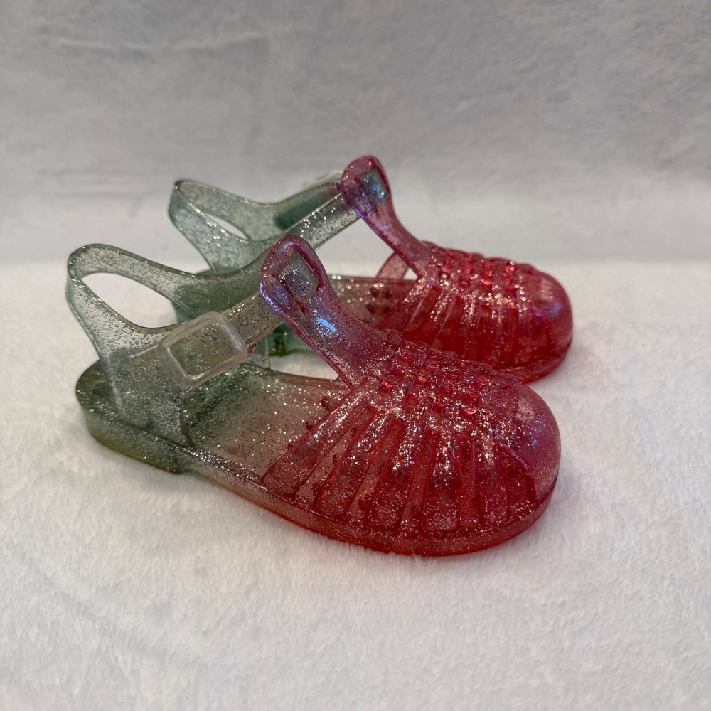 Girls Pink Green Ombre Glitter Jelly Sandals Fisherman Cage Shoes Size 6